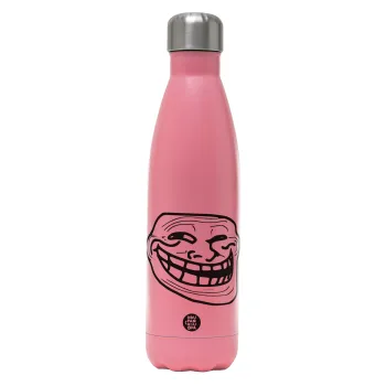 Troll face, Μεταλλικό παγούρι θερμός Ροζ Ματ (Stainless steel), διπλού τοιχώματος, 500ml