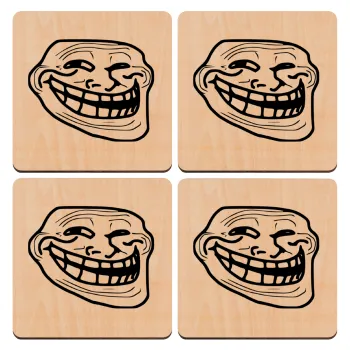Troll face, ΣΕΤ x4 Σουβέρ ξύλινα τετράγωνα plywood (9cm)
