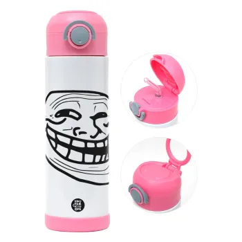 Troll face, Παιδικό παγούρι θερμό, ανοξείδωτο, με καλαμάκι ασφαλείας, ΡΟΖ (500ml)