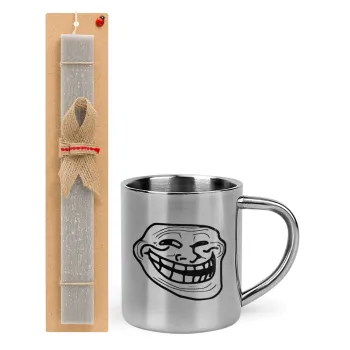 Troll face, Πασχαλινή Λαμπάδα με μεταλλική κούπα θερμό (300ml) & κερί αρωματικό πλακέ (30cm) (ΓΚΡΙ)