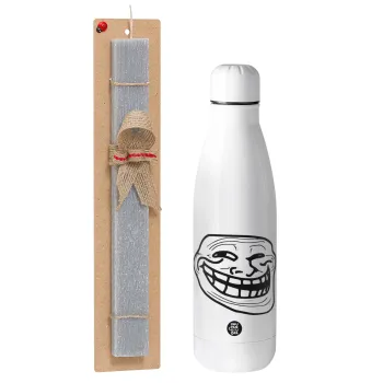 Troll face, Easter Set, metallic stainless thermos bottle (500ml) & scented flat Easter candle (30cm) (GRAY)