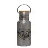 Stainless steel metallic thermos flask, silver with a bamboo lid, double-walled, 350ml.