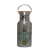 Stainless steel metallic thermos flask, silver with a bamboo lid, double-walled, 350ml.
