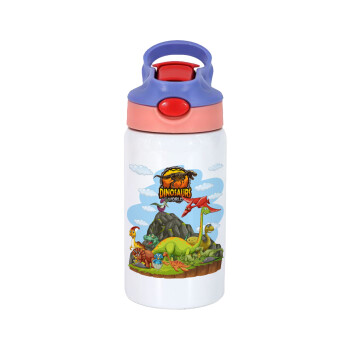 Dinosaur's world, Children's hot water bottle, stainless steel, with safety straw, pink/purple (350ml)