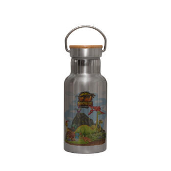 Dinosaur's world, Stainless steel metallic thermos flask, silver with a bamboo lid, double-walled, 350ml.