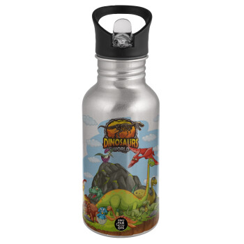 Dinosaur's world, Water bottle Silver with straw, stainless steel 500ml