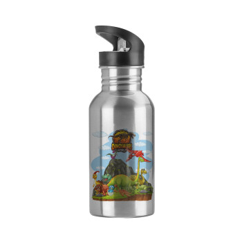 Dinosaur's world, Water bottle Silver with straw, stainless steel 600ml