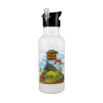 Dinosaur's world, White water bottle with straw, stainless steel 600ml