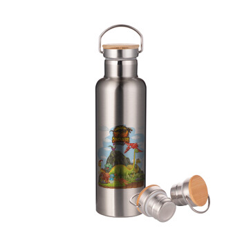 Dinosaur's world, Stainless steel Silver with wooden lid (bamboo), double wall, 750ml