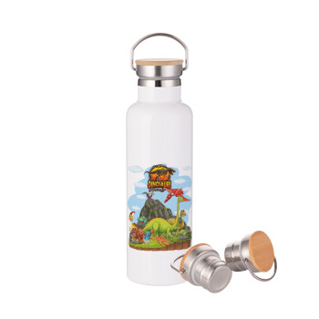 Dinosaur's world, Stainless steel White with wooden lid (bamboo), double wall, 750ml