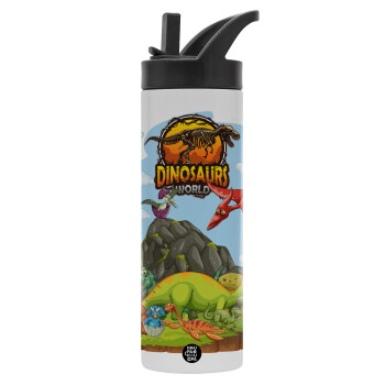 Dinosaur's world, Μεταλλικό παγούρι θερμός με καλαμάκι & χειρολαβή, ανοξείδωτο ατσάλι (Stainless steel 304), διπλού τοιχώματος, 600ml