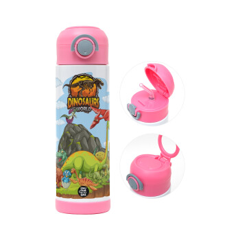Dinosaur's world, Children's hot water bottle, stainless steel, with safety straw, PINK (500ml)