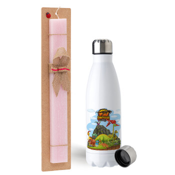 Dinosaur's world, Easter Set, metallic stainless steel water bottle (750ml) & scented flat Easter candle (30cm) (PINK)