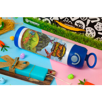 Dinosaur's world, Easter candle, Childrens hot water bottle, stainless steel, with safety straw, BLUE (500ml)