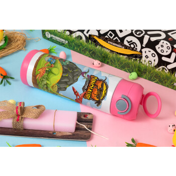 Dinosaur's world, Easter candle, Childrens hot water bottle, stainless steel, with safety straw, PINK (500ml)