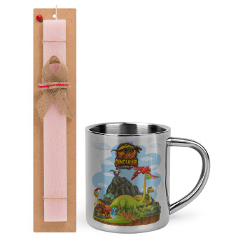 Dinosaur's world, Easter Set, metallic thermal cup (300ml) & aromatic flat Easter candle (30cm) (PINK)