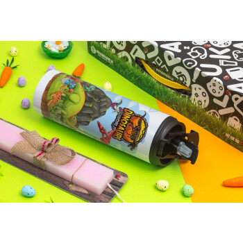 Dinosaur's world, Easter candle,Travel Tumbler 2 Lids, with metal straw & cleaning brush & aromatic flat candle (30cm) (PINK)