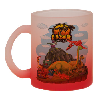 Dinosaur's world, Κούπα γυάλινη δίχρωμη με βάση το κόκκινο ματ, 330ml