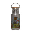 Stainless steel metallic thermos flask, silver with a bamboo lid, double-walled, 350ml.