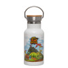 Metallic thermos (Stainless steel) White with wooden lid (bamboo), double-walled, 350ml
