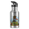 Water bottle Silver with straw, stainless steel 600ml