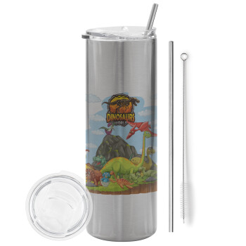 Dinosaur's world, Tumbler stainless steel Silver 600ml, with metal straw & cleaning brush