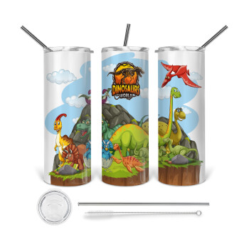 Dinosaur's world, Tumbler ποτήρι θερμό από ανοξείδωτο ατσάλι 600ml, με μεταλλικό καλαμάκι & βούρτσα καθαρισμού