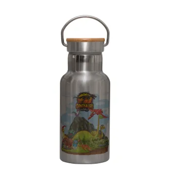 Dinosaur's world, Stainless steel metallic thermos flask, silver with a bamboo lid, double-walled, 350ml.