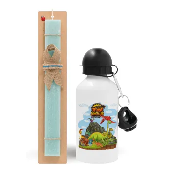 Dinosaur's world, Easter Set, metallic aluminum water bottle (500ml) & scented flat candle (30cm) (TURQUOISE)