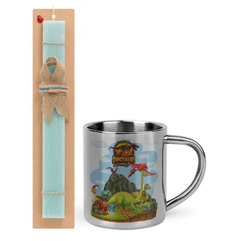Dinosaur's world, Easter Set, metallic thermal cup (300ml) & aromatic flat Easter candle (30cm) (TURQUOISE)