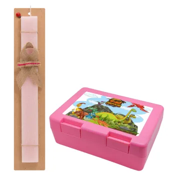 Dinosaur's world, Easter Set, children's snack container PINK & scented flat Easter candle (30cm) (PINK)