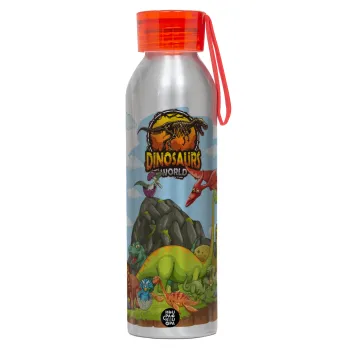 Dinosaur's world, Αλουμινένιο Αθλητικό Μπουκάλι 650ml – Ασημί με Κόκκινο Καπάκι και Λουράκι Σιλικόνης