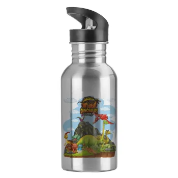 Dinosaur's world, Water bottle Silver with straw, stainless steel 600ml