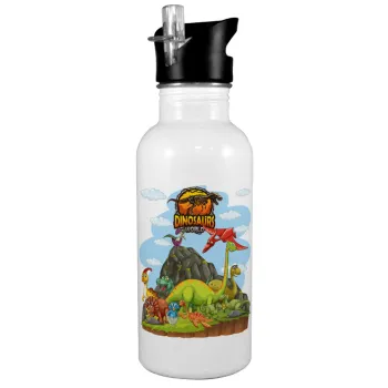 Dinosaur's world, White water bottle with straw, stainless steel 600ml