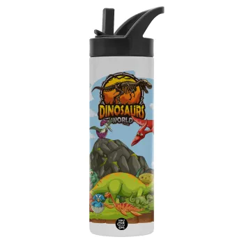 Dinosaur's world, Μεταλλικό παγούρι θερμός με καλαμάκι & χειρολαβή, ανοξείδωτο ατσάλι (Stainless steel 304), διπλού τοιχώματος, 600ml