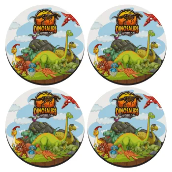 Dinosaur's world, SET of 4 round wooden coasters (9cm)