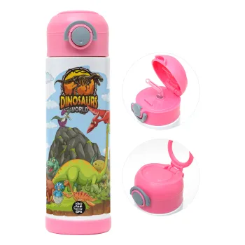 Dinosaur's world, Children's hot water bottle, stainless steel, with safety straw, PINK (500ml)