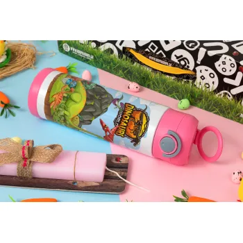 Dinosaur's world, Easter candle, Childrens hot water bottle, stainless steel, with safety straw, PINK (500ml)