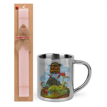 Dinosaur's world, Easter Set, metallic thermal cup (300ml) & aromatic flat Easter candle (30cm) (PINK)