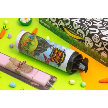 Dinosaur's world, Easter candle,Travel Tumbler 2 Lids, with metal straw & cleaning brush & aromatic flat candle (30cm) (PINK)