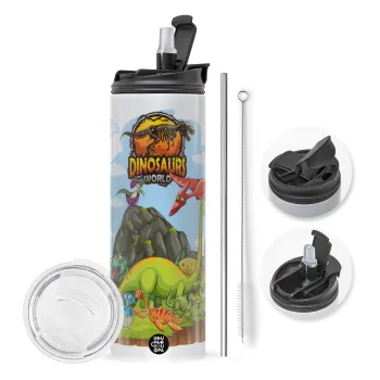 Dinosaur's world, Travel Tumbler 2 Lids, with metal straw & cleaning brush (Stainless steel 304 Food grade, BPA free, 600ml)