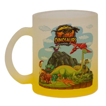 Dinosaur's world, Κούπα γυάλινη δίχρωμη με βάση το κίτρινο ματ, 330ml