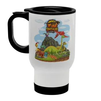 Dinosaur's world, Κούπα ταξιδιού ανοξείδωτη με καπάκι, διπλού τοιχώματος (θερμό) λευκή 450ml