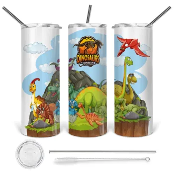 Dinosaur's world, Tumbler ποτήρι θερμό από ανοξείδωτο ατσάλι 600ml, με μεταλλικό καλαμάκι & βούρτσα καθαρισμού