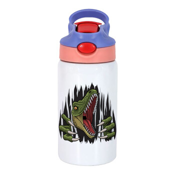 Dinosaur scratch, Children's hot water bottle, stainless steel, with safety straw, pink/purple (350ml)