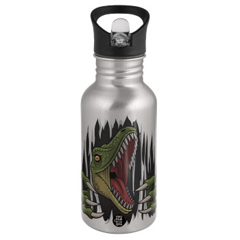Dinosaur scratch, Water bottle Silver with straw, stainless steel 500ml