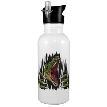 Dinosaur scratch, White water bottle with straw, stainless steel 600ml