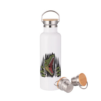 Dinosaur scratch, Stainless steel White with wooden lid (bamboo), double wall, 750ml