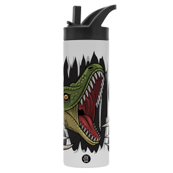 Dinosaur scratch, Μεταλλικό παγούρι θερμός με καλαμάκι & χειρολαβή, ανοξείδωτο ατσάλι (Stainless steel 304), διπλού τοιχώματος, 600ml