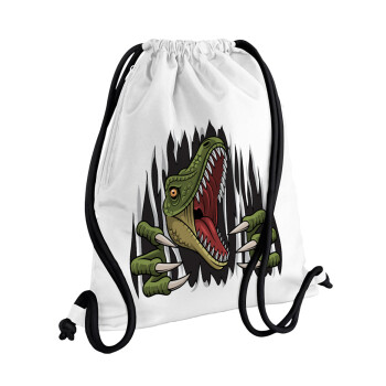 Dinosaur scratch, Τσάντα πλάτης πουγκί GYMBAG λευκή, με τσέπη (40x48cm) & χονδρά κορδόνια